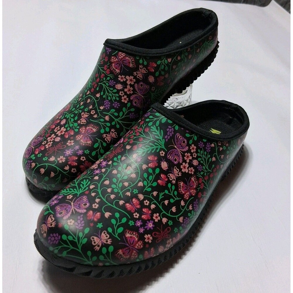 Western Chief Garden Clogs Size 8 Black w/Pink Butterflys Flowers dragonfly's
